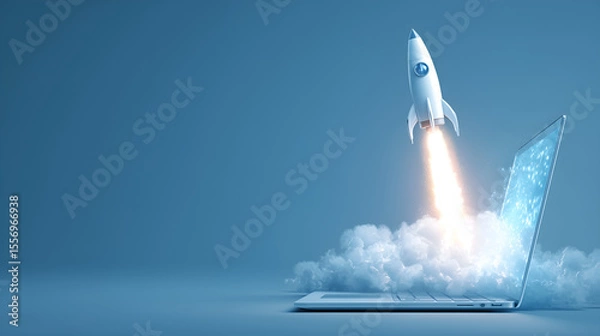 Fototapeta Digital Ascension: A dynamic rocket launch bursts forth from an open laptop screen, soaring into a sky filled with vibrant clouds, symbolizing innovation and boundless potential.