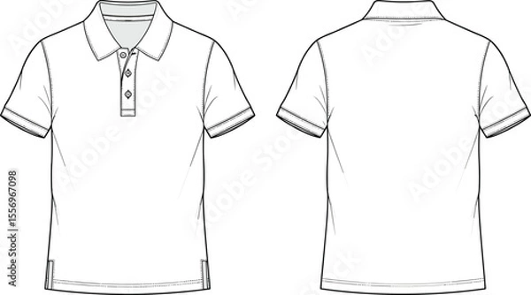 Fototapeta Polo shirt technical flat sketch with collar and buttons, front and back vector view for fashion design, apparel cad illustration