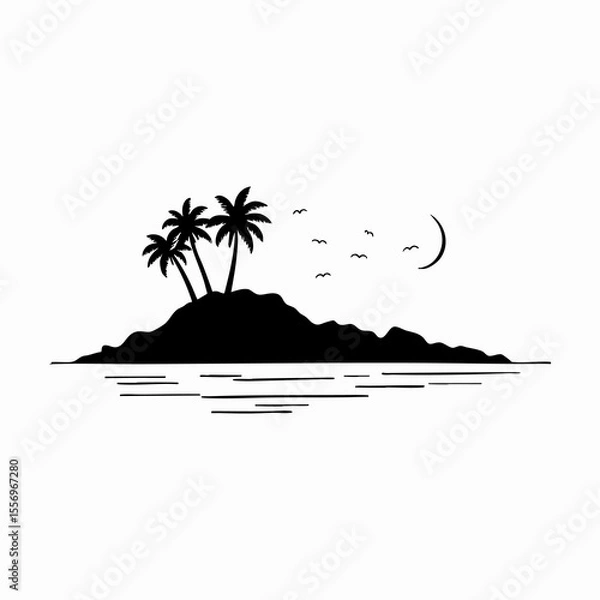 Fototapeta Tropical island silhouette, palm trees, wavy water, black and white illustration, minimalist design, beach landscape, graphic art, simplified shapes, coastal scenery, vacation vibes, tranquil ocean