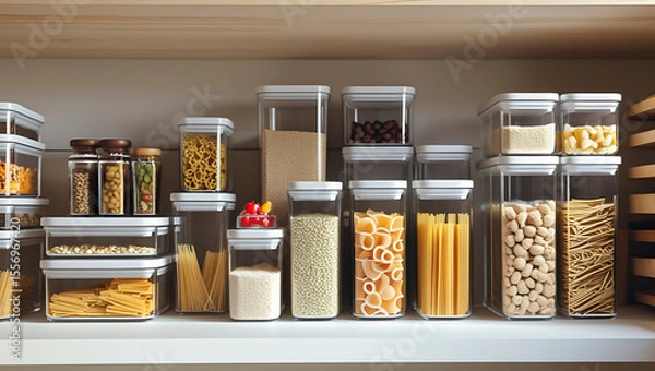 Fototapeta Organized pantry shelf with clear containers filled with dry goods like pasta, beans, grains and spices for easy kitchen storage