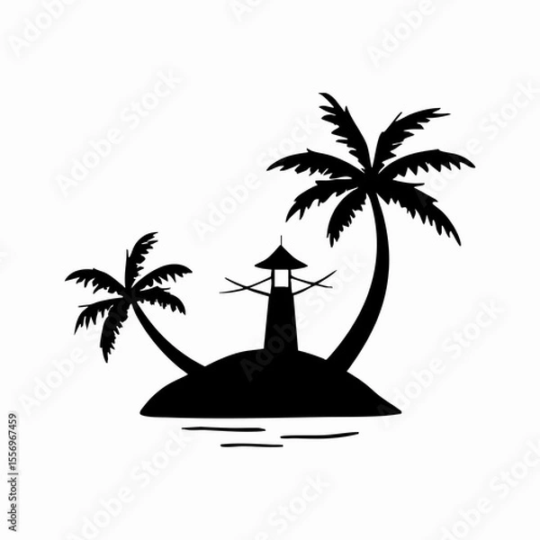 Fototapeta Tropical island silhouette, palm trees, wavy water, black and white illustration, minimalist design, beach landscape, graphic art, simplified shapes, coastal scenery, vacation vibes, tranquil ocean