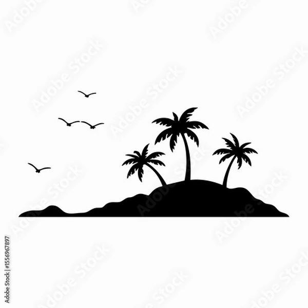 Fototapeta Tropical island silhouette, palm trees, wavy water, black and white illustration, minimalist design, beach landscape, graphic art, simplified shapes, coastal scenery, vacation vibes, tranquil ocean
