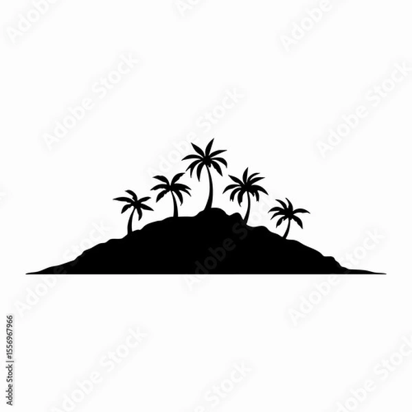 Fototapeta Tropical island silhouette, palm trees, wavy water, black and white illustration, minimalist design, beach landscape, graphic art, simplified shapes, coastal scenery, vacation vibes, tranquil ocean