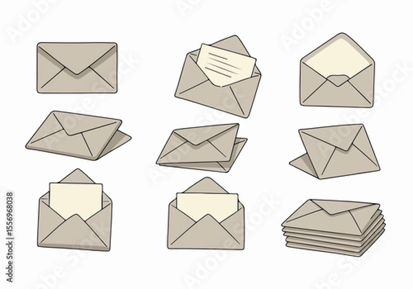 Fototapeta Set of Hand Drawn Style Illustrations of Envelopes in Different Positions and States