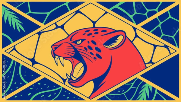 Fototapeta stylized illustration of roaring leopard with vibrant colors and bold patterns
