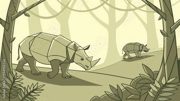 Fototapeta geometric illustration of rhinoceroses in forest setting with monochromatic color scheme

