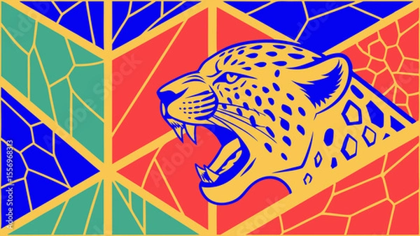 Fototapeta graphic design of roaring leopard with geometric patterns and vibrant color scheme
