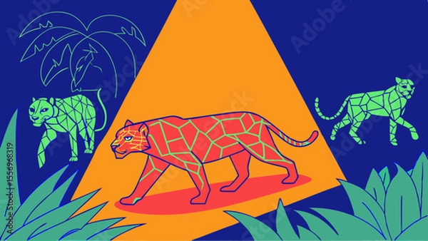 Fototapeta dynamic geometric tiger and leopard design with vibrant colors and tropical elements
