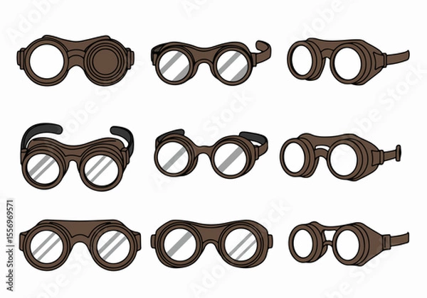 Fototapeta Set of Vintage and Steampunk Style Goggles Vector Illustrations Isolated on White Background