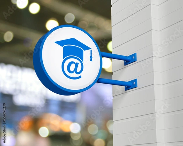 Fototapeta E-learning icon on hanging blue rounded signboard over blur light and shadow of shopping mall, Business study online concept, 3D rendering