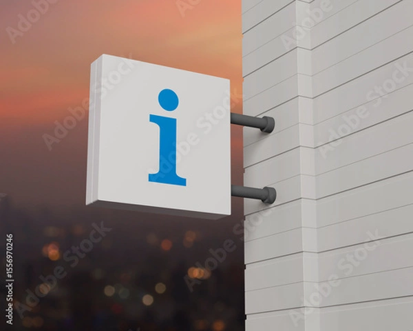 Fototapeta Information icon on hanging white square signboard over blur of cityscape on warm light sundown, Business customer service and support concept, 3D rendering