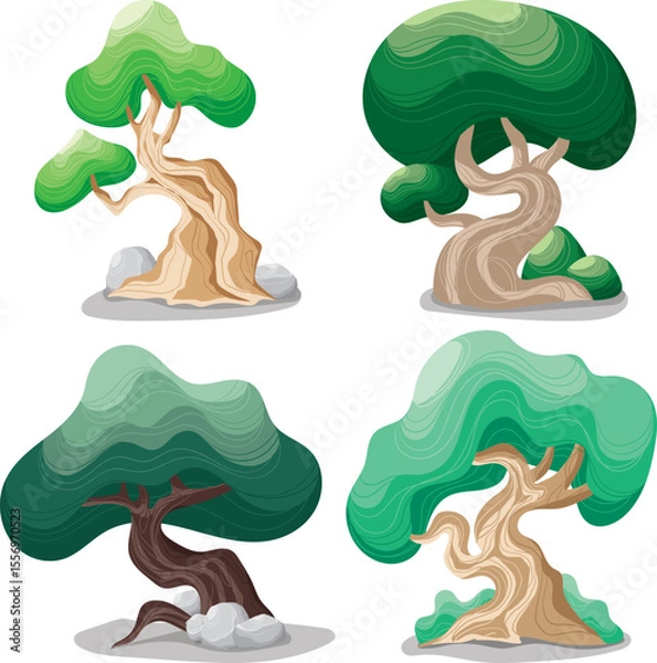 Fototapeta  Collection of Stylized Cartoon Bonsai Trees Design