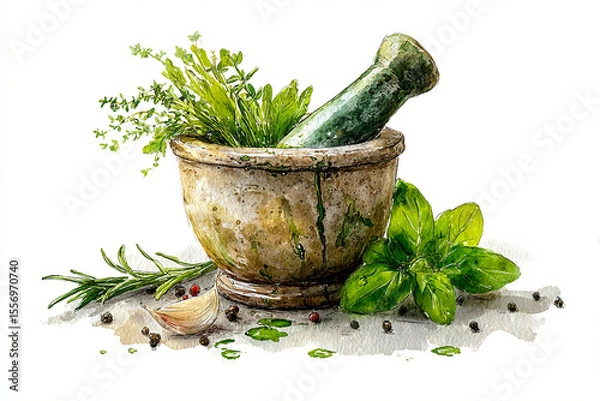 Obraz Watercolor illustration of a stone mortar and pestle filled with fresh green herbs and spices on a neutral background