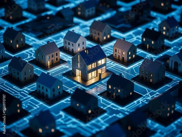 Obraz Illuminated modern house stands out amongst a grid of miniature homes on a glowing blue digital circuit board