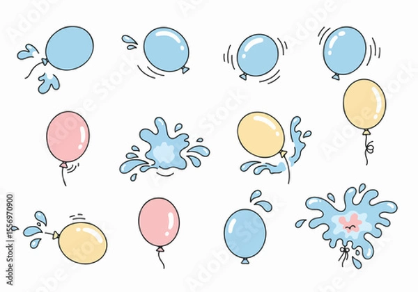 Fototapeta Cartoon water balloons splashing vector illustration set. Summer fun with water balloons and dynamic water splashes.