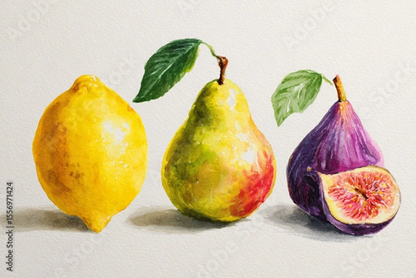 Obraz Watercolor illustration of a lemon, pear, and fig with green leaves on a light background