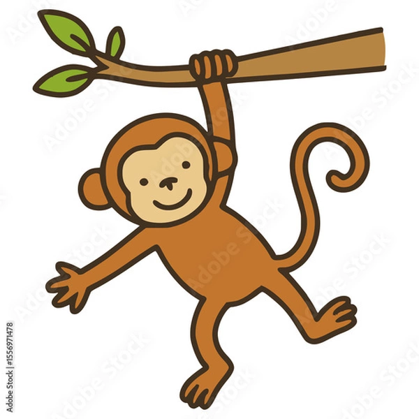 Fototapeta cute monkey hanging on a tree hand drawn cartoon animal flat color vector illustration template design