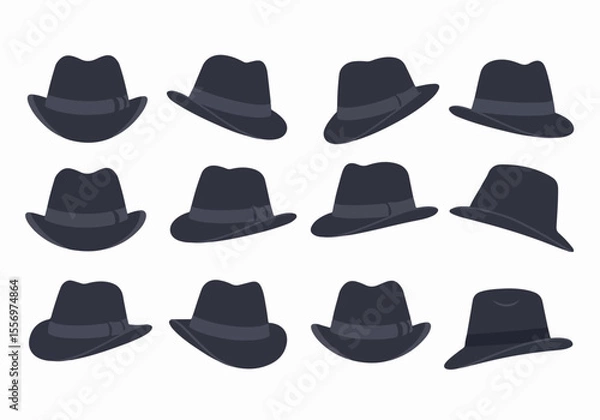Fototapeta Collection of Black Fedora Hats from Various Angles on White Background