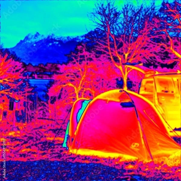 Fototapeta Camping at lake. Car with tent and caravan. Thermal photography
