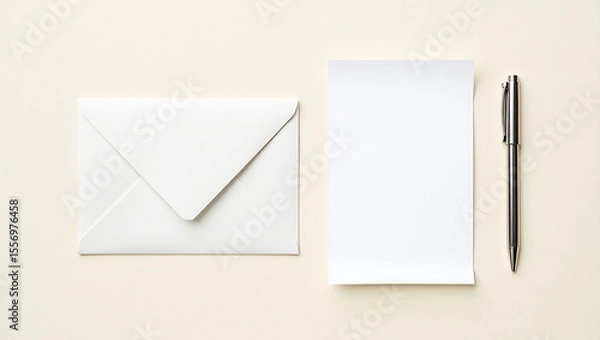 Fototapeta Elegant White Envelope, Blank Paper, and Pen Minimalist Stationery Mockup