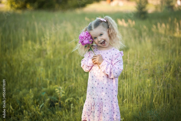 Obraz cheerful 3-year-old girl with pigtails in a pink dress with a peony walks in a village meadow