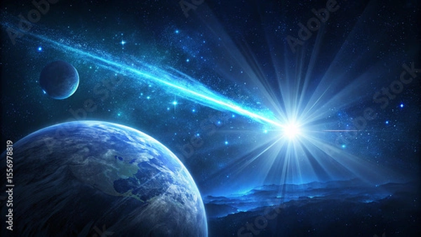 Fototapeta Blue light flare - flash light streak ray - large light flare behind the planet. The picture shows planet Earth viewed from space, with a bright starburst of light, resembling a sunrise or cosmic glow
