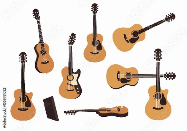 Fototapeta Scattered illustration of various acoustic and electric guitars on a white background, depicting musical instruments and equipment for music themes.