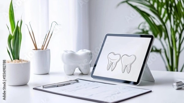 Fototapeta Desk with a tablet on it. the tablet is displaying a line drawing of two teeth. next to the tablet, there is a clipboard with some text on it, a pen, and a small white vase with a plant in it.
