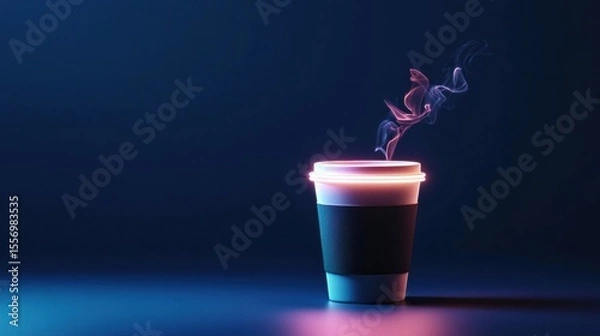 Fototapeta Digital illustration of a coffee cup with a pink and blue color scheme. the cup is placed on a dark blue background with a gradient effect.