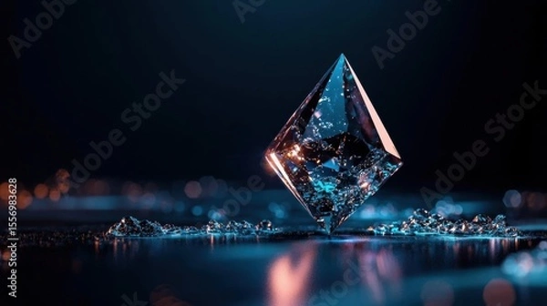 Fototapeta 3d rendering of a diamond on a dark background. the diamond is in the center of the image, with its facets reflecting the light and creating a sparkling effect.