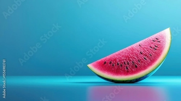 Fototapeta Close-up of a slice of watermelon on a blue background. the watermelon is cut in half, revealing the juicy pink flesh and dark green seeds inside.
