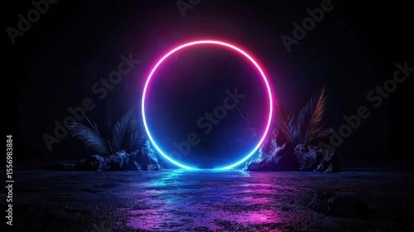 Fototapeta Digital art piece that appears to be a 3d rendering of a circular neon ring in the center of a dark background.