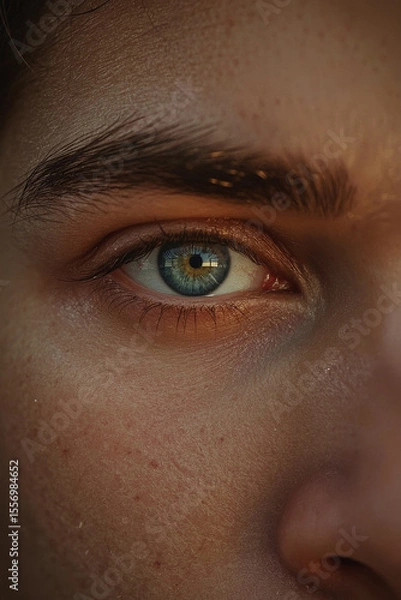 Obraz Macro Shot of Human Eye with Blue and Hazel Iris in Natural Light – Cinematic Realistic Close-Up of Eyelashes, Eyebrows, and Skin Texture
