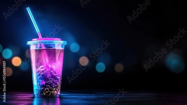 Fototapeta Plastic cup with a pink lid and a blue straw. the cup is filled with a purple liquid and there are small bubbles floating on the surface.