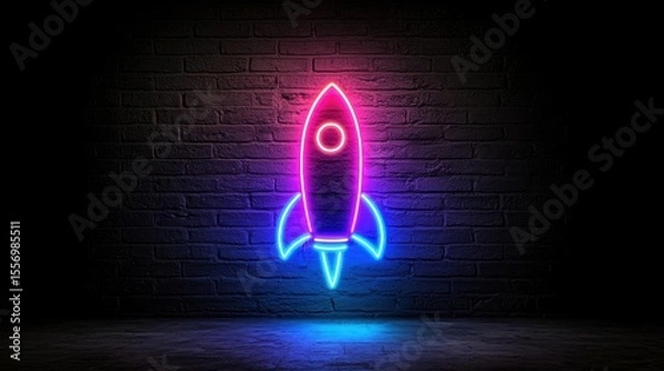 Fototapeta Neon sign of a rocket ship. the rocket is in the center of the image, with a bright pink and blue color scheme. it has a pointed nose and two fins on either side.