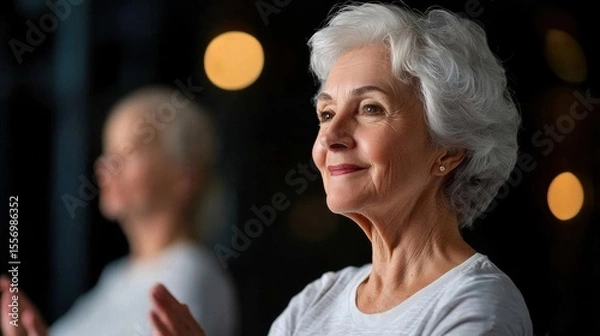 Fototapeta Portrait of an elderly woman with short white hair. she is wearing a white t-shirt and is standing in front of a blurred background with bokeh lights.