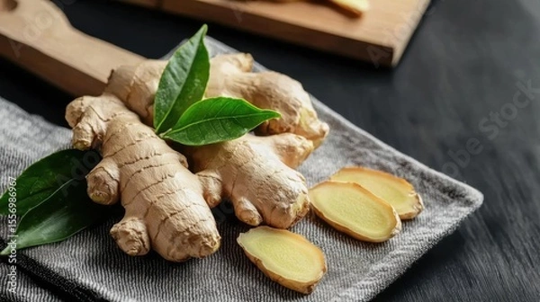 Fototapeta Bunch of fresh ginger root on a grey cloth napkin. the ginger root is light brown in color and has a rough texture. there are two green leaves on top of the ginger root, one on each side.