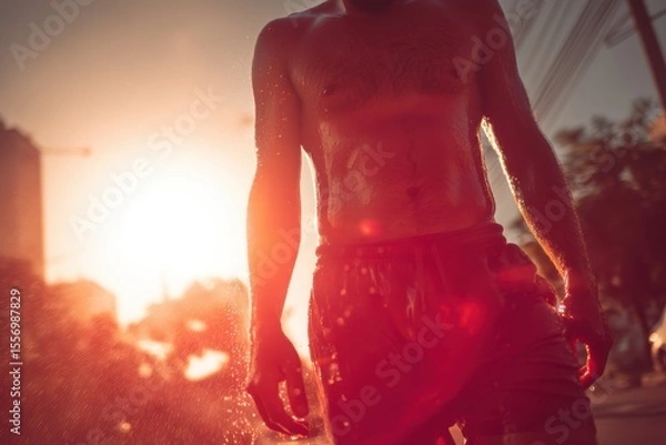 Obraz Exhausted man walking under scorching sun, heat distortion effect, sweat dripping, summer heatwave in urban street, cinematic lighting.