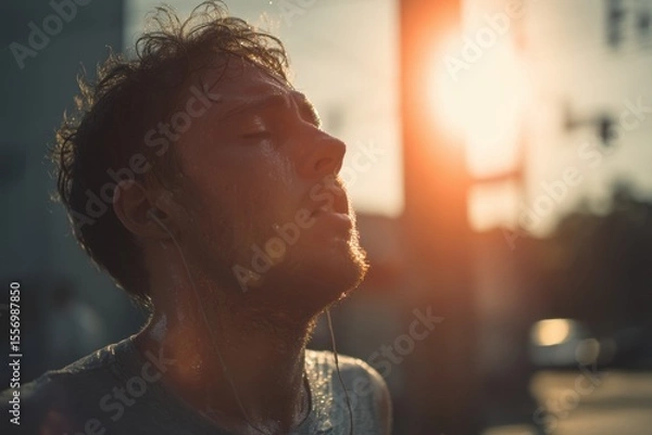 Obraz Exhausted man walking under scorching sun, heat distortion effect, sweat dripping, summer heatwave in urban street, cinematic lighting.