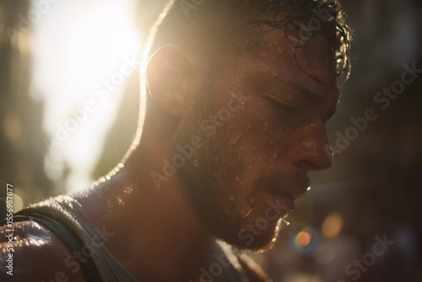 Obraz Exhausted man walking under scorching sun, heat distortion effect, sweat dripping, summer heatwave in urban street, cinematic lighting.