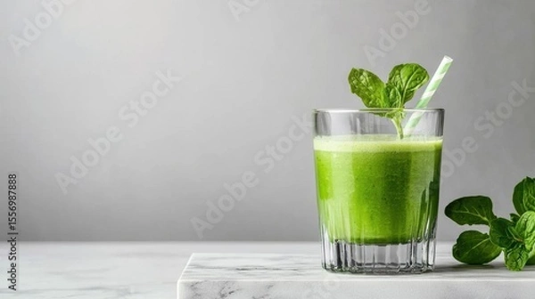 Fototapeta Glass of green smoothie on a white marble countertop. the glass is tall and has a white and green striped straw sticking out of it.