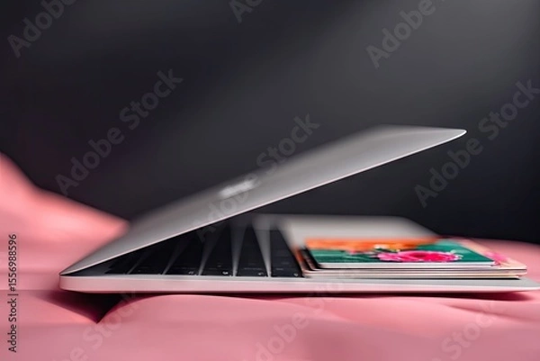 Fototapeta Silver Laptop Open on Pink Surface with Ambient Sunlight and Colorful Cards