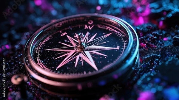 Fototapeta Close-up of a compass rose on a dark background. the compass is in the center of the image and is surrounded by a pink and blue gradient.