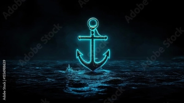 Fototapeta Digital illustration of an anchor in the middle of the ocean at night. the anchor is glowing blue and is in the center of the image, with the water surrounding it.