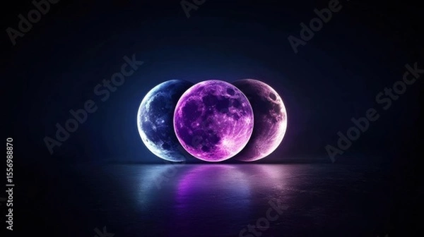 Fototapeta Three phases of a full moon in a dark background. the moon is in the center of the image, with the largest one on the left and two smaller ones on the right.