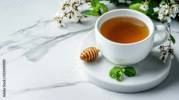 Fototapeta White cup of tea on a white marble surface. the cup is filled with a dark brown liquid, possibly tea, and is placed on a round white saucer.