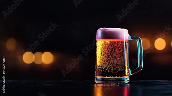 Fototapeta Close-up of a glass mug of beer on a dark table. the mug is filled with a golden-colored beer and has a handle on the right side.