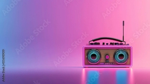 Fototapeta Digital illustration of a retro-style boombox. the background is a gradient of pink and blue, with the pink on the left side and the blue on the right side.