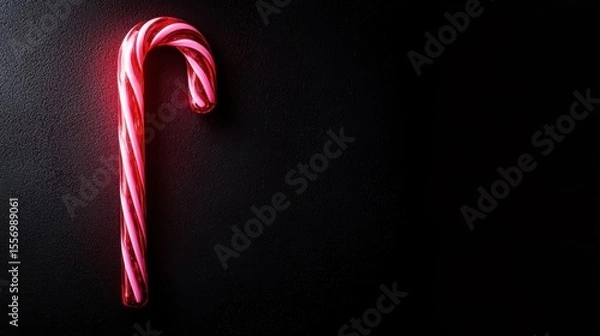 Fototapeta Close-up of a candy cane on a black background. the candy cane is in the shape of a curved candy cane with a pointed tip and a striped pattern of red and white stripes.