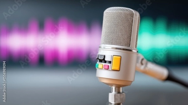 Fototapeta Silver Microphone with Colorful Sound Wave Background